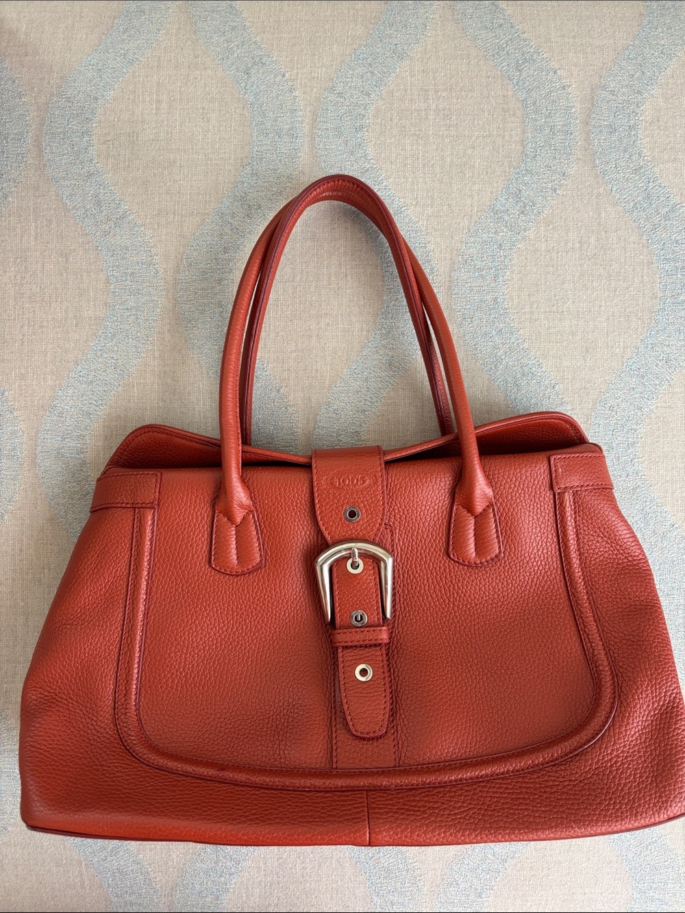 Tod's Burnt Orange Pebbled Leather Tote with Buckle